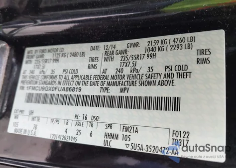2015 Ford Escape Se from USA, damaged, VIN 1FMCU9GX0FUA86819